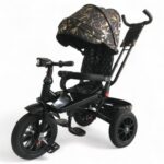 Tricicleta copii PRO Trike Black-Gold, Pozitii Somn, Roti De Cauciuc, Far Cu Sunete Scaun Rotativ