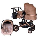 Carucior 3 in 1 Baby Care Cu geanta bebe, Cadru Aluminiu Gold, Amortizoare, Landou, Scoica auto, Spatar reglabil 3 trepte, Plasa insecte, Beige Lux