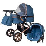 Carucior 3 In 1 Baby Care Special Blue Cu Geanta Bebe, Cadru Aluminiu Gold, Amortizoare, Landou, Scoica Auto, Spatar Reglabil 3 Trepte, Plasa Insecte