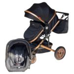 Carucior 3 In 1 Baby Care 530 Cu Geanta Bebe, Cadru Aluminiu Gold, Amortizoare, Landou, Scoica Auto, Spatar Reglabil 3 Trepte, Plasa Insecte, Black Lux