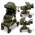 Carucior Copii 2 In 1 Belecoo CLASS Dark Green Roti Cauciuc, Landou Reversibil