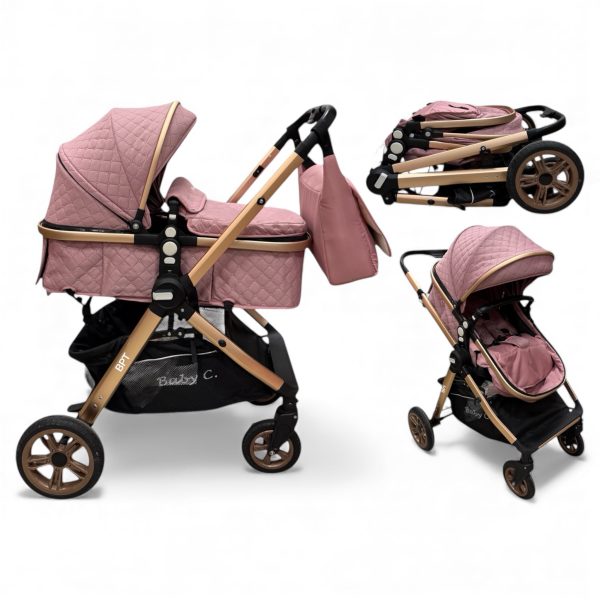 Carucior copii 2 in 1 cu maner reversibil si landou transformabil Baby C. Premium Roz BPTX2S