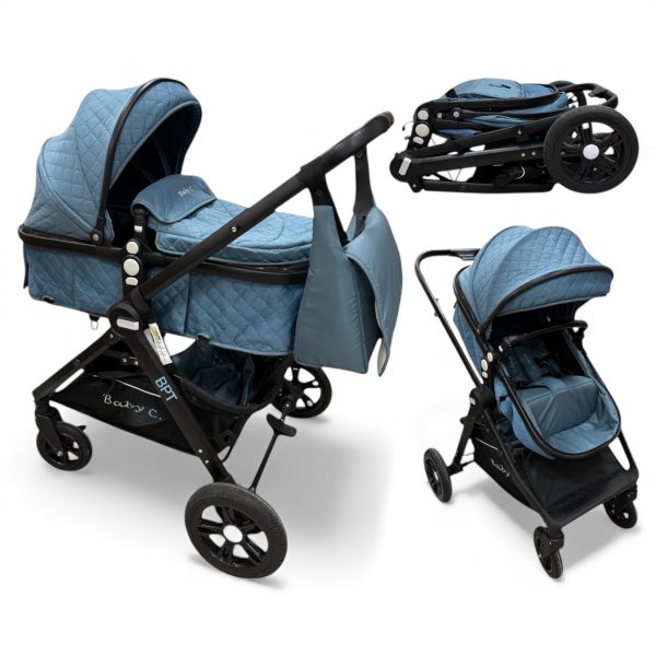 Carucior copii 2 in 1 cu maner reversibil si landou transformabil Baby C. Premium Albastru BPTX2S