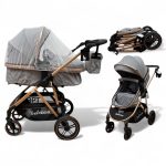 Carucior copii 2 In 1 Belecoo BebeJoy Cu Roti Cauciuc Landou Reversibil Transformabil Baby Grey