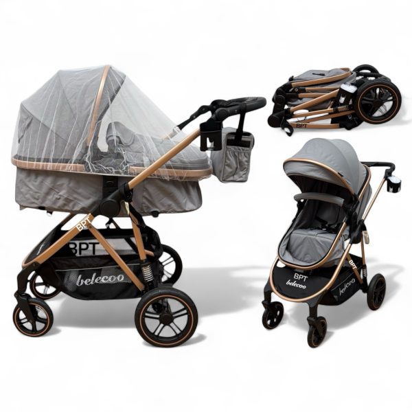 Carucior copii 2 In 1 Belecoo BebeJoy Cu Roti Cauciuc Landou Reversibil Transformabil Baby Grey