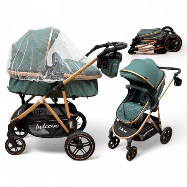 Carucior copii 2 In 1 Belecoo BebeJoy Cu Roti Cauciuc Landou Reversibil Transformabil Baby Green