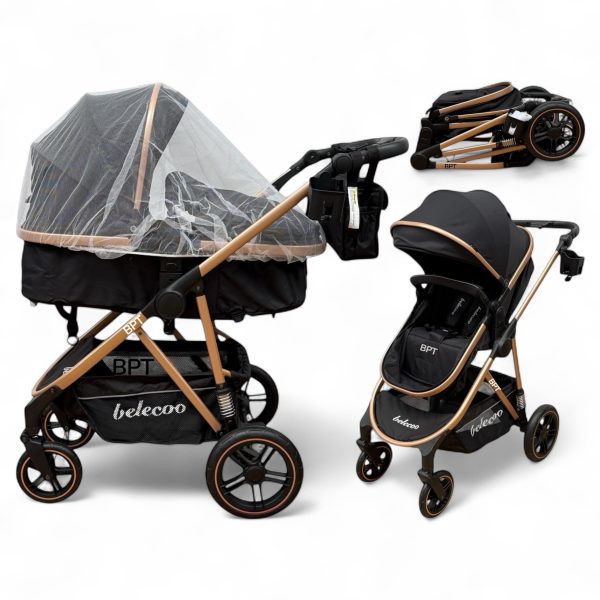 Carucior copii 2 In 1 Belecoo BebeJoy Cu Roti Cauciuc Landou Reversibil Transformabil Baby Black