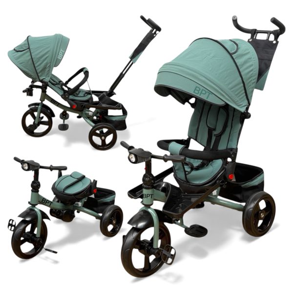 TRICICLETA COPII 5099EVA CU POZITIE DE SOMN, SCAUN REVERSIBIL, FAR CU LUMINI SI MUZICA, GRASSE GREEN PLUS