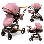 Cărucior copii 2 in 1 Belecoo landou reversibil roti cauciuc accesorii roz-negru