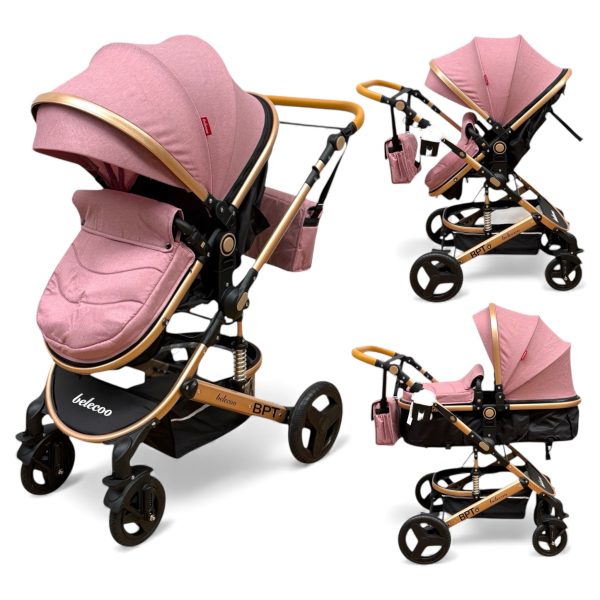 Cărucior copii 2 in 1 Belecoo landou reversibil roti cauciuc accesorii roz-negru