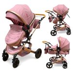 Cărucior copii 2 in 1 Belecoo landou reversibil roti cauciuc accesorii roz pudra