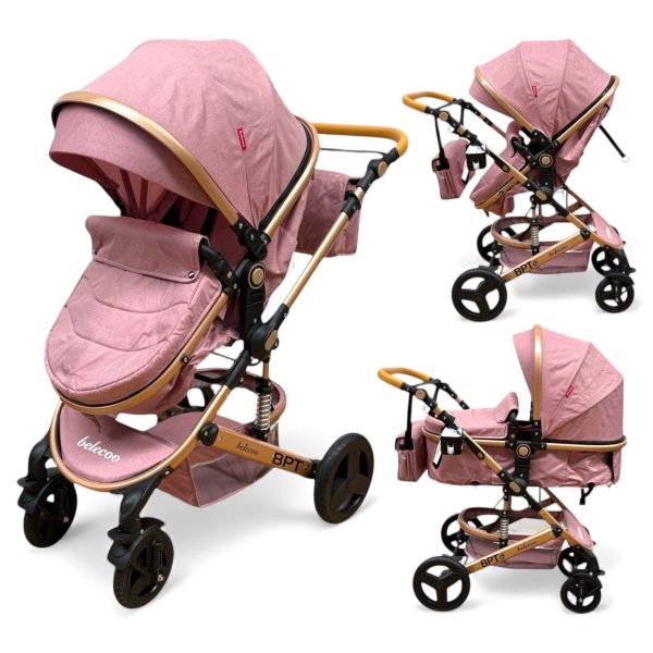 Cărucior copii 2 in 1 Belecoo landou reversibil roti cauciuc accesorii roz pudra