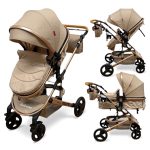 Cărucior copii 2 in 1 Belecoo landou reversibil roti cauciuc accesorii beige