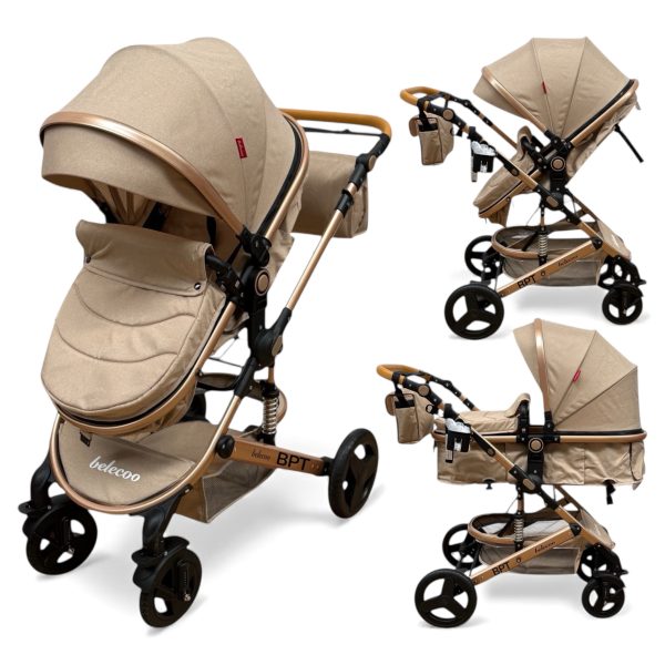 Cărucior copii 2 in 1 Belecoo landou reversibil roti cauciuc accesorii beige